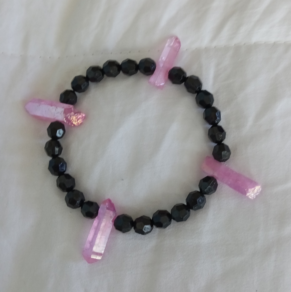 HAND CRAFTED black crystal and rose quartz gemstone statement bracelet